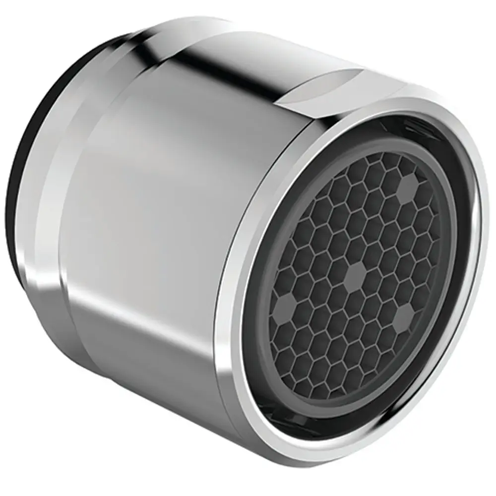 Chromfarbener Luftsprudler von Ideal Standard mit einer runden Form und einer perforierten, hexagonalen Struktur auf der Vorderseite zur Luftzufuhr.